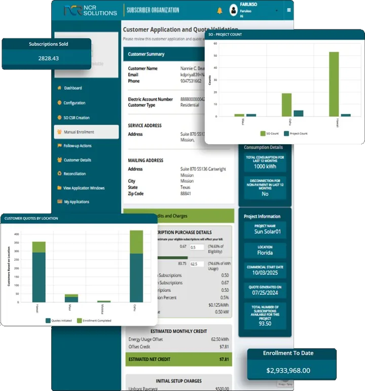 EzCBRE customer application and quote validation screen with project analytics and credit estimates
