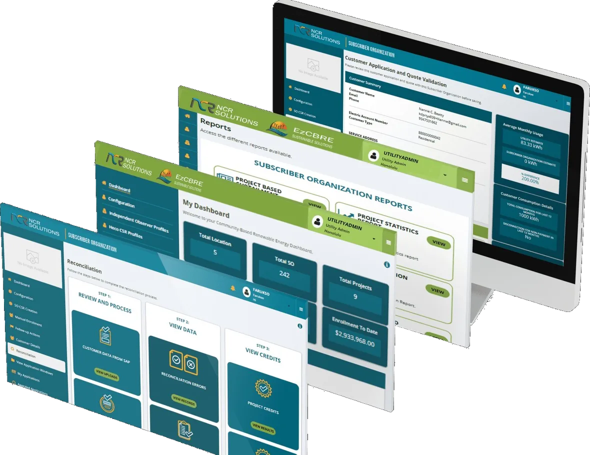 EzCBRE platform screens — operations dashboard, subscriber organization reports, reconciliation, and customer application views