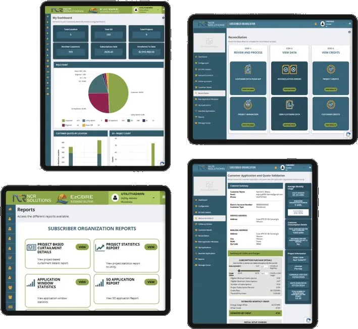 EzCBRE dashboard, reconciliation, and reports views shown across tablet devices